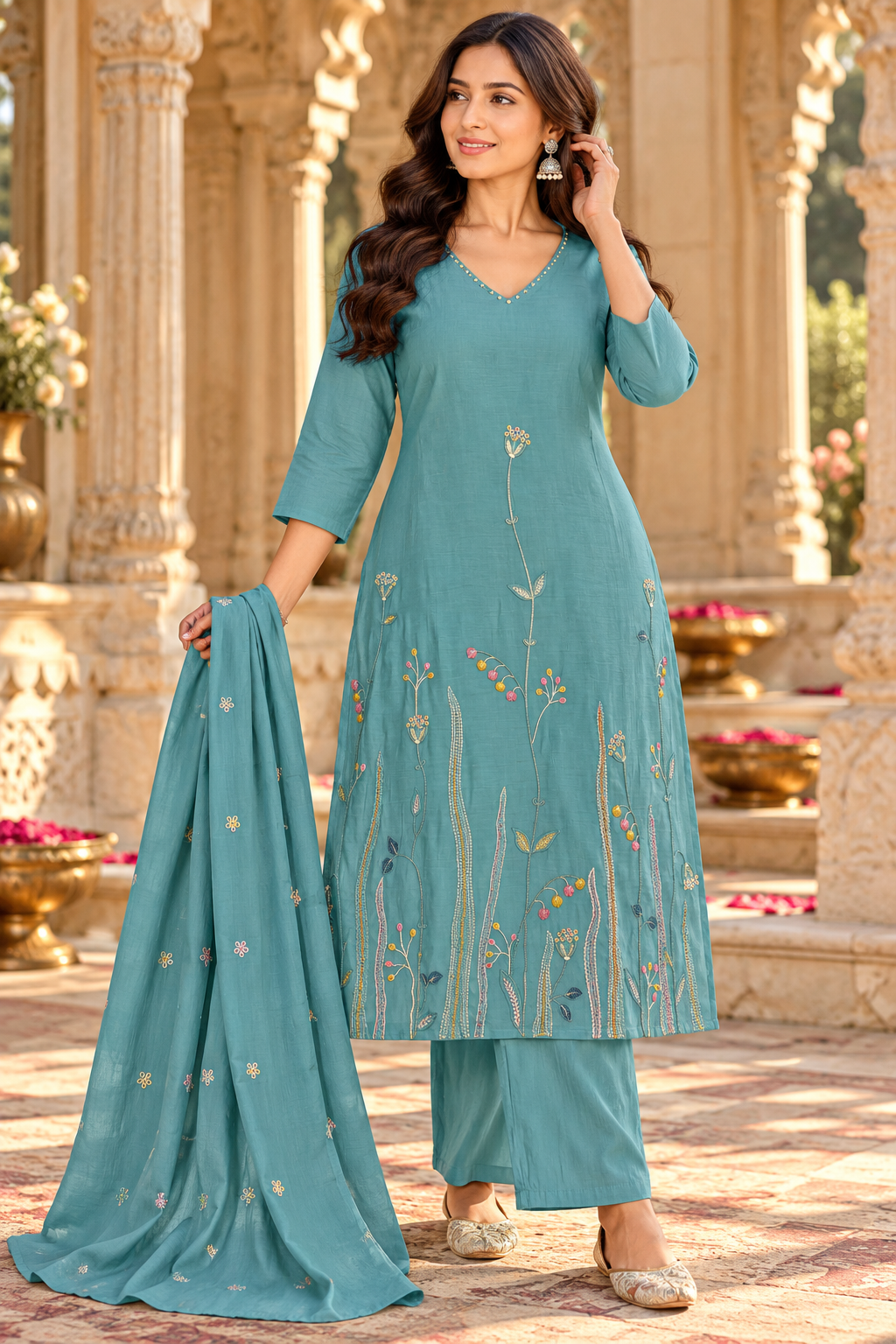 Women’s Mal Chanderi 3 Piece Kurta Set with Pure Handwork & Flock Work