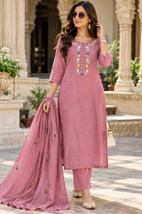 Women’s Mal Chanderi 3 Piece Kurta Set with Pure Handwork & Flock Work
