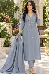 Women’s Mal Chanderi 3 Piece Kurta Set with Pure Handwork & Flock Work