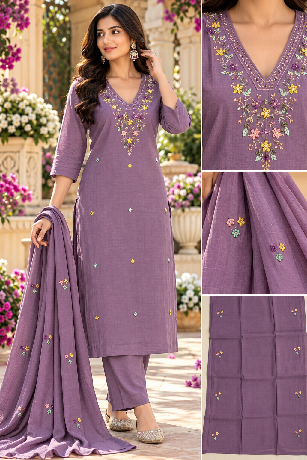 Women’s Mal Chanderi 3 Piece Kurta Set with Pure Handwork & Flock Work
