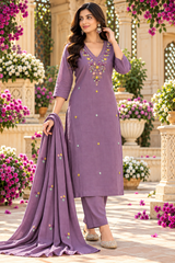 Women’s Mal Chanderi 3 Piece Kurta Set with Pure Handwork & Flock Work