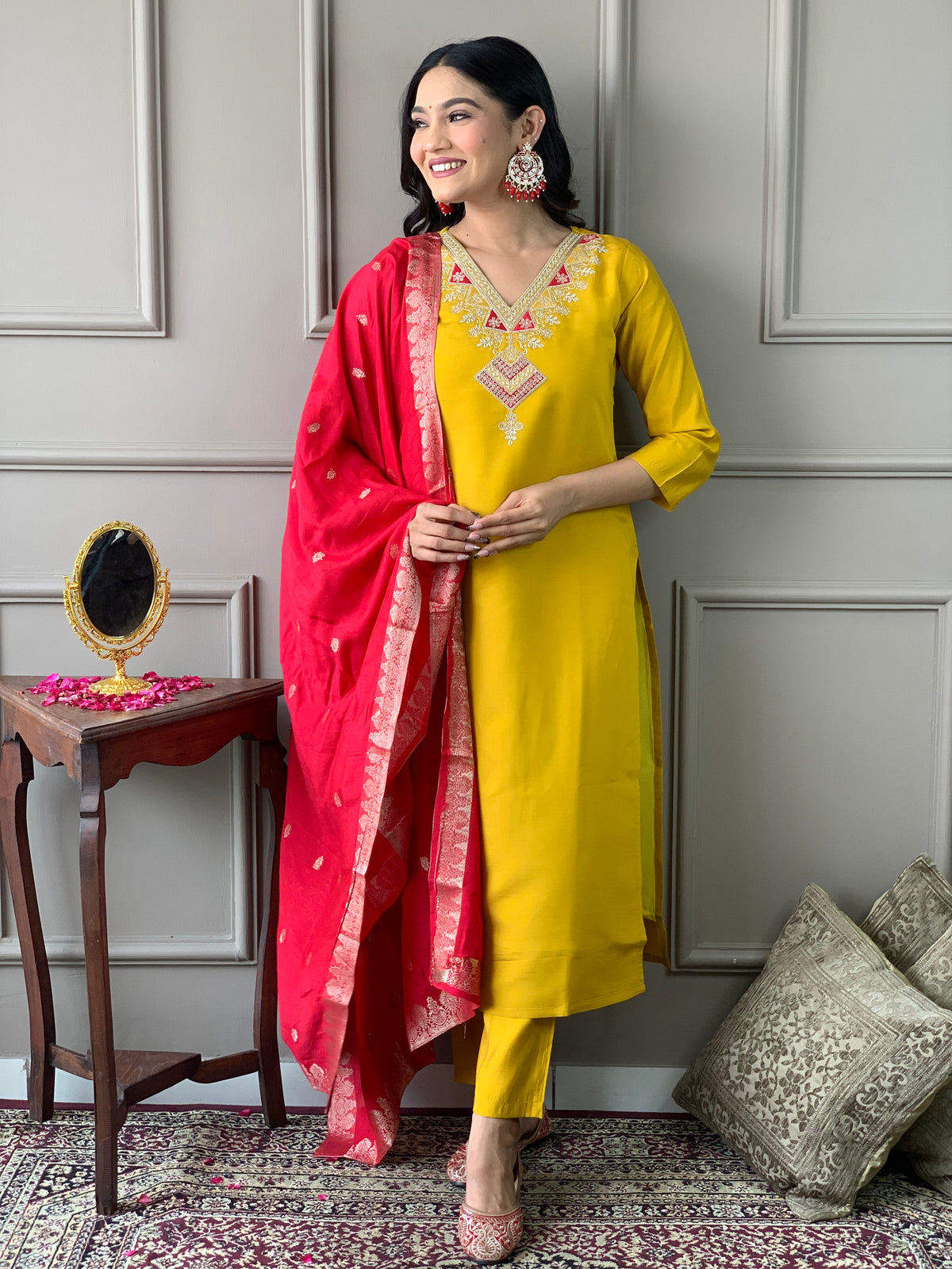 Women Mustard yellow Kurta set with Banarasi Dupatta