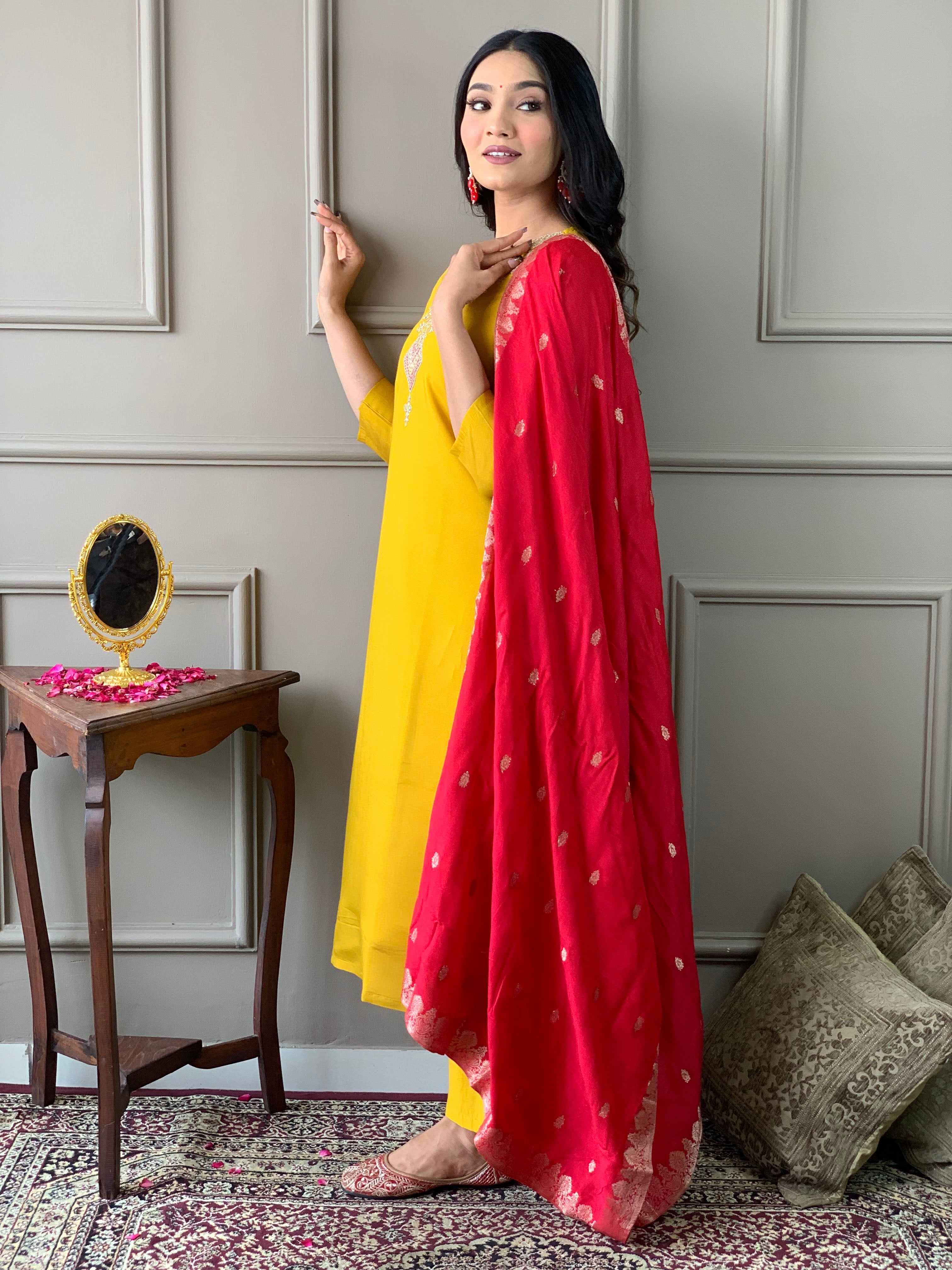 Kesar Roshni Embroidered Kurta Set with Banarasi Dupatta