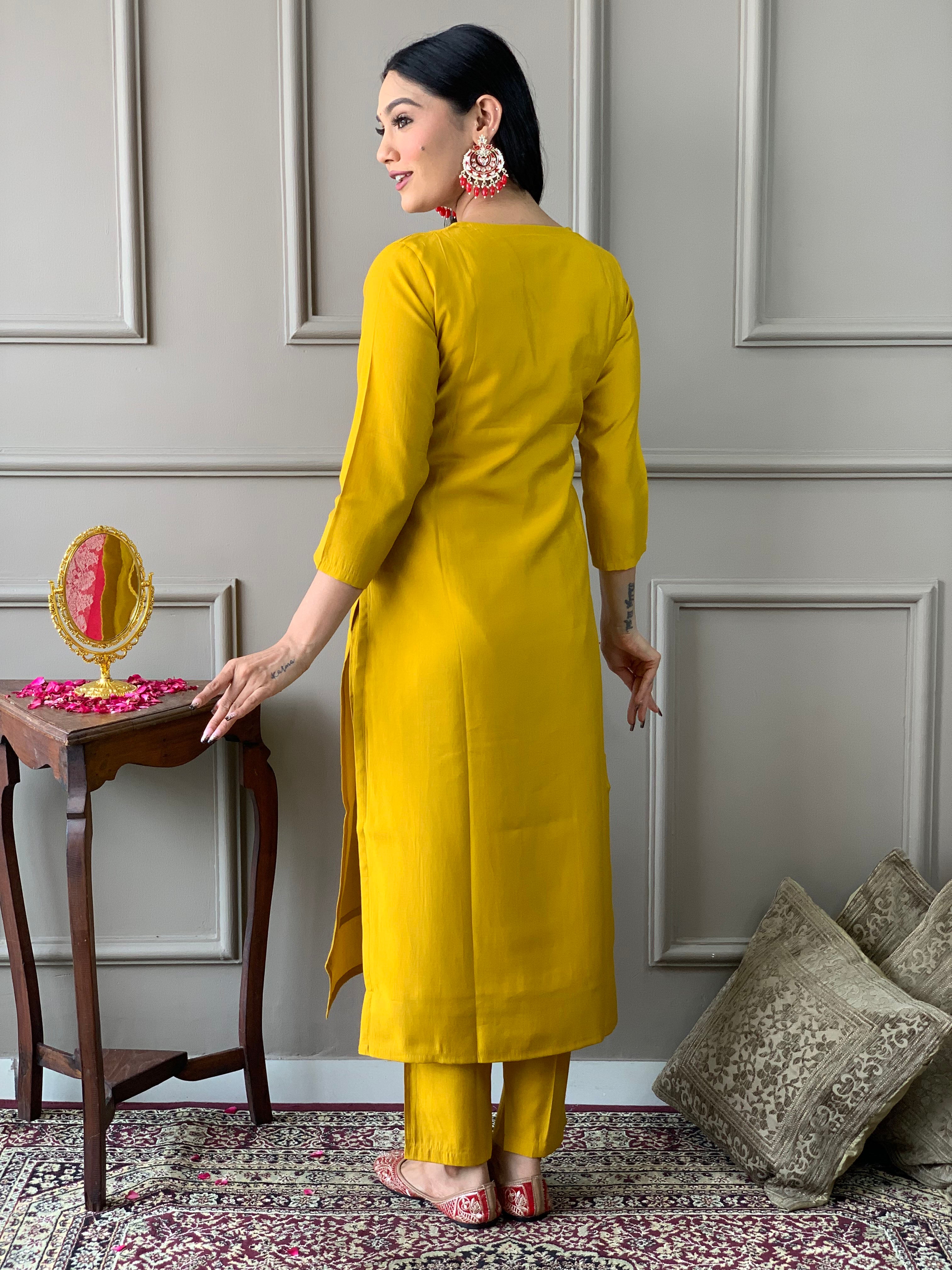 Women Mustard yellow Kurta set with Banarasi Dupatta