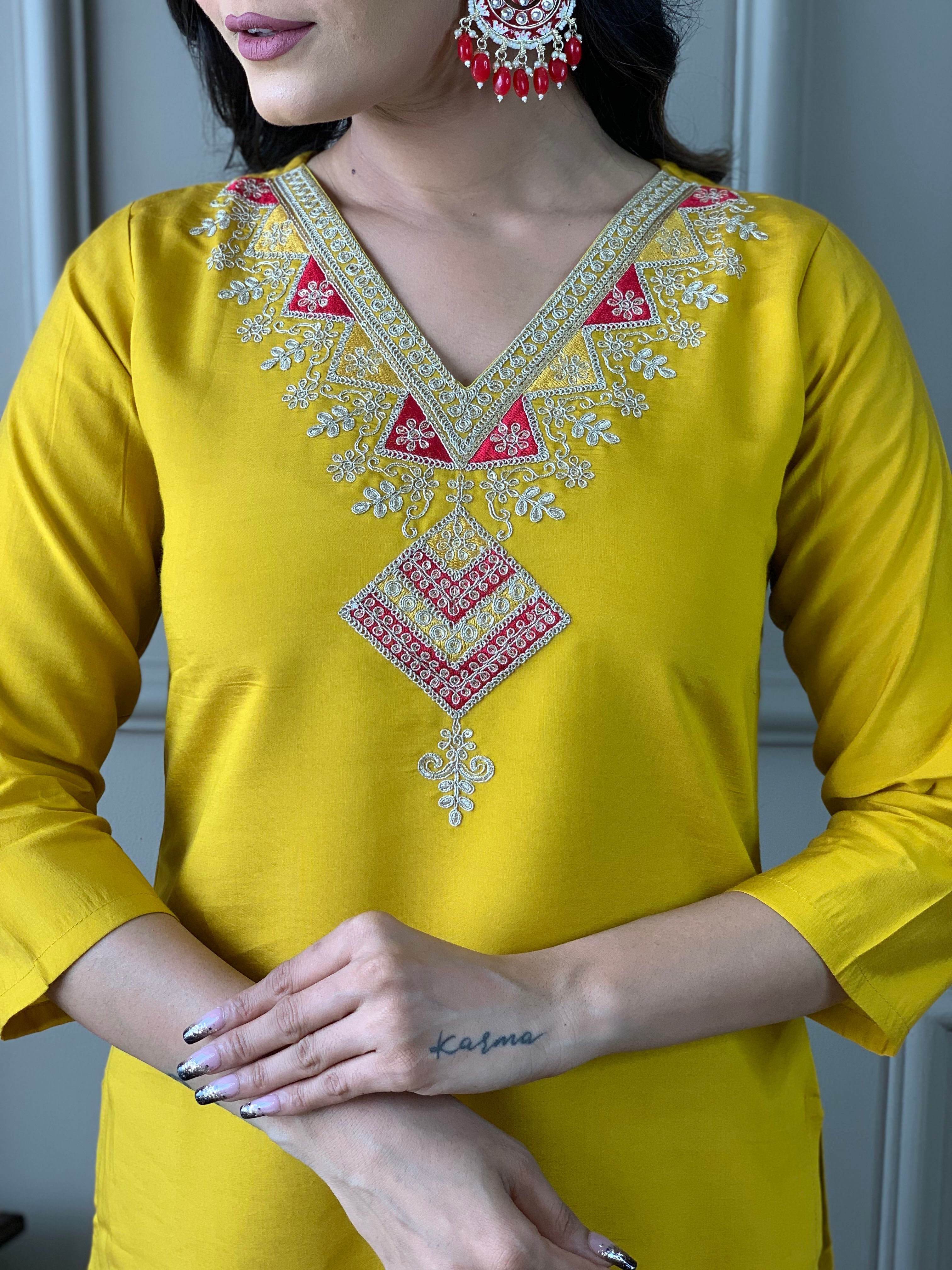 Kesar Roshni Embroidered Kurta Set with Banarasi Dupatta