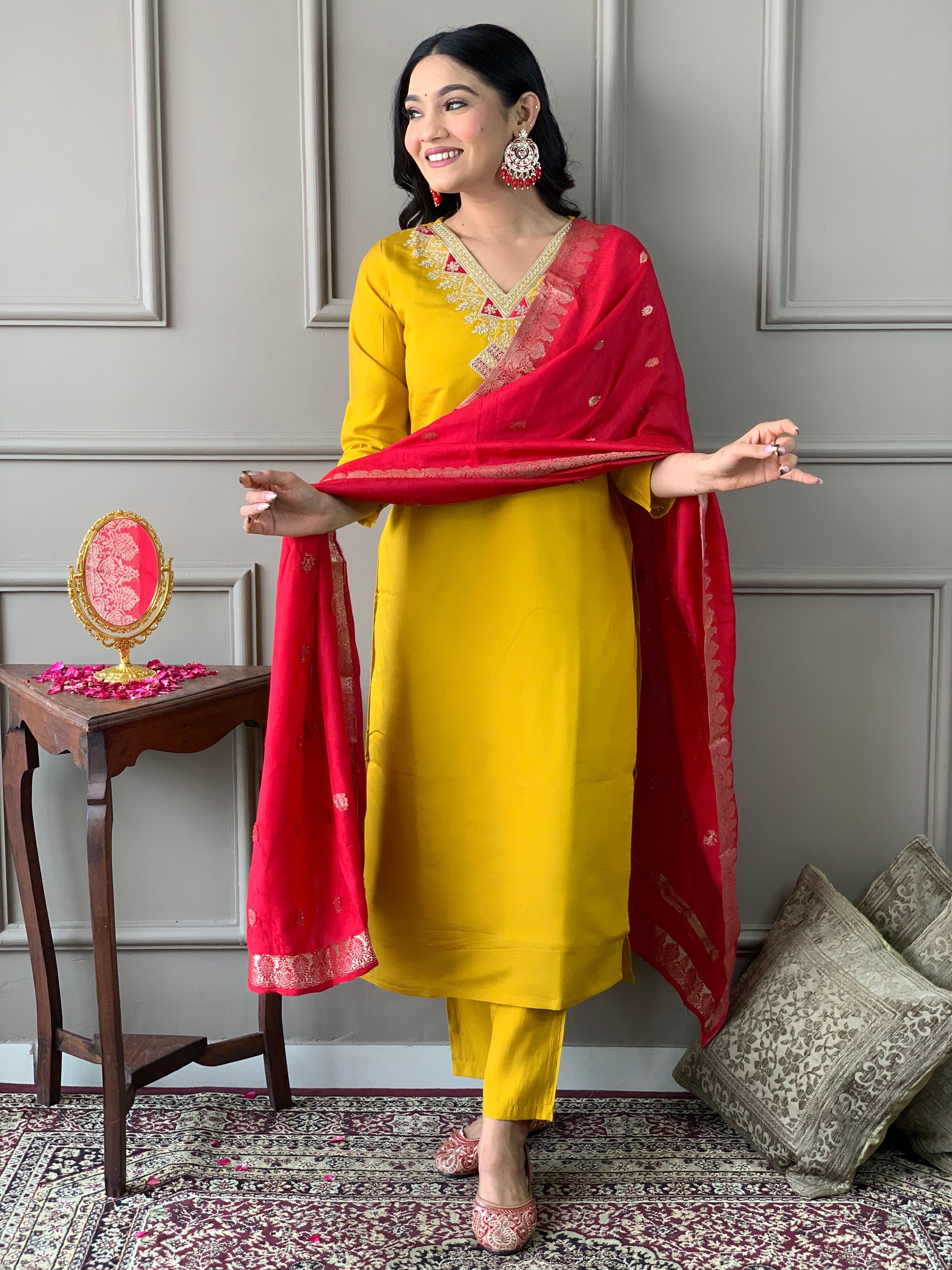 Kesar Roshni Embroidered Kurta Set with Banarasi Dupatta