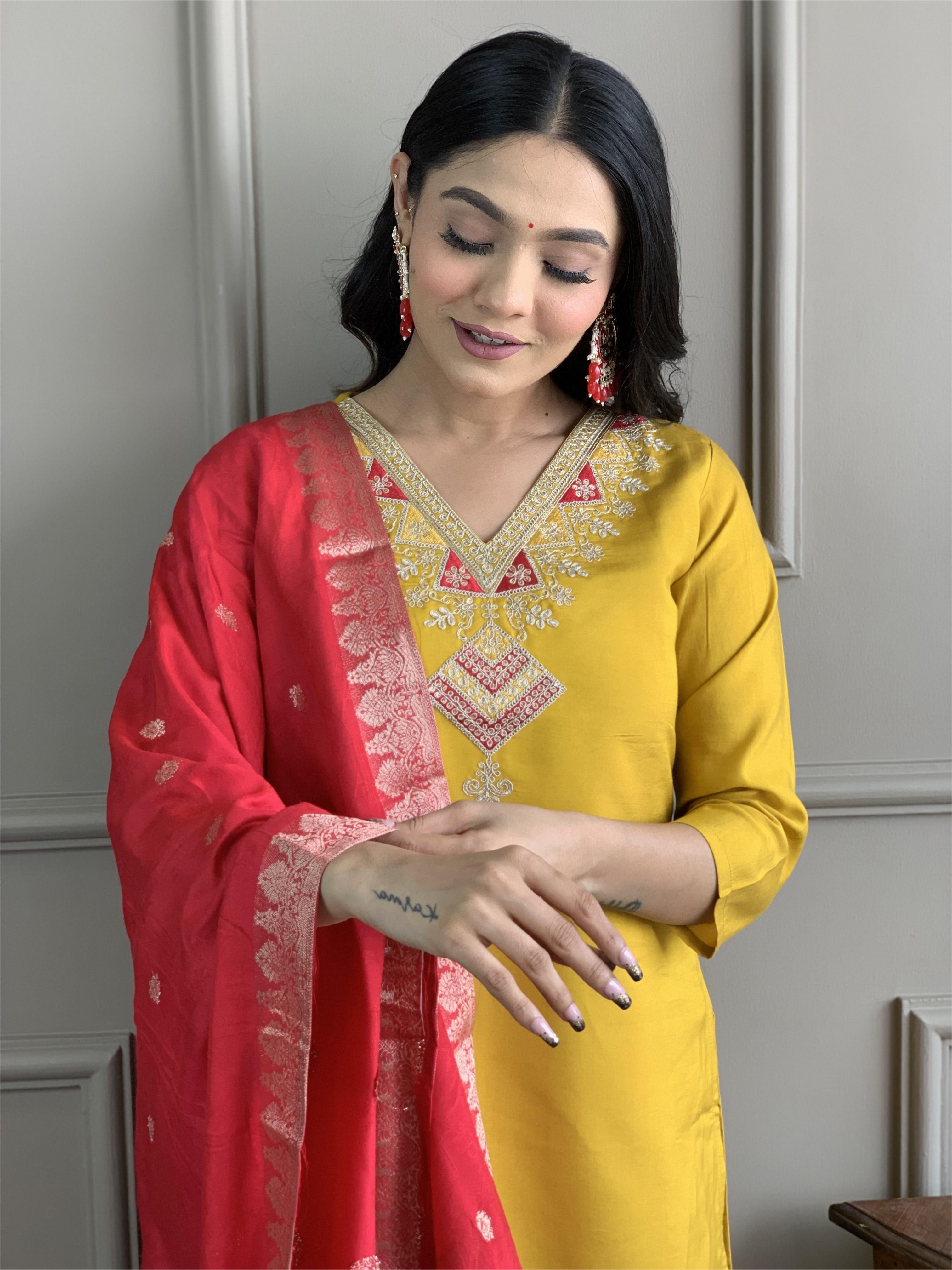 Kesar Roshni Embroidered Kurta Set with Banarasi Dupatta