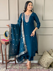 Premium Teal Blue Designer Kurta Set with Soft Muslin Dupatta