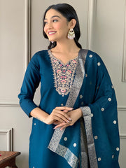 Premium Teal Blue Designer Kurta Set with Soft Muslin Dupatta