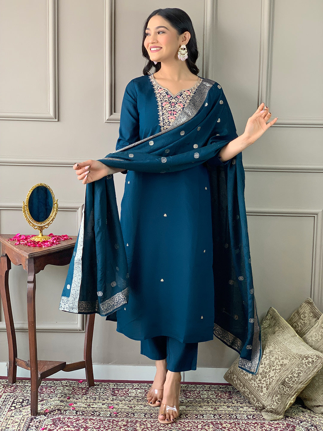 Premium Teal Blue Designer Kurta Set with Soft Muslin Dupatta