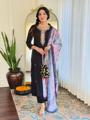 Midnight Blossom Embroidered Kurta Set with Dupatta