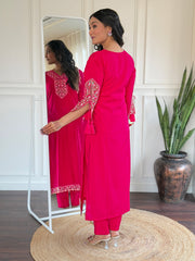 Rani Pink Heritage Embroidered Kurta Set with Dupatta
