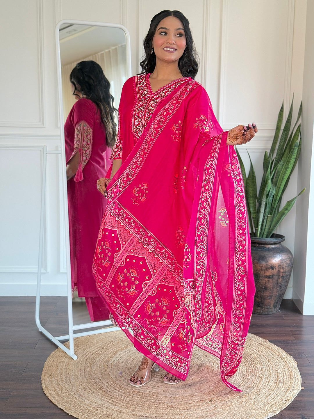 Rani Pink Heritage Embroidered Kurta Set with Dupatta