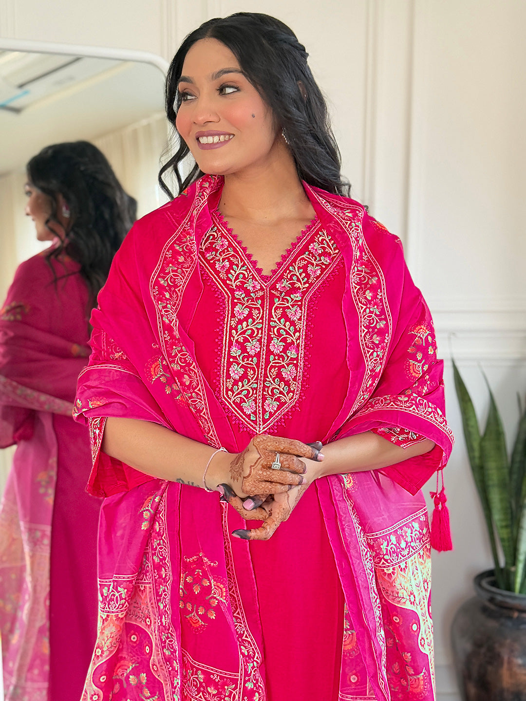 Rani Pink Heritage Embroidered Kurta Set with Dupatta