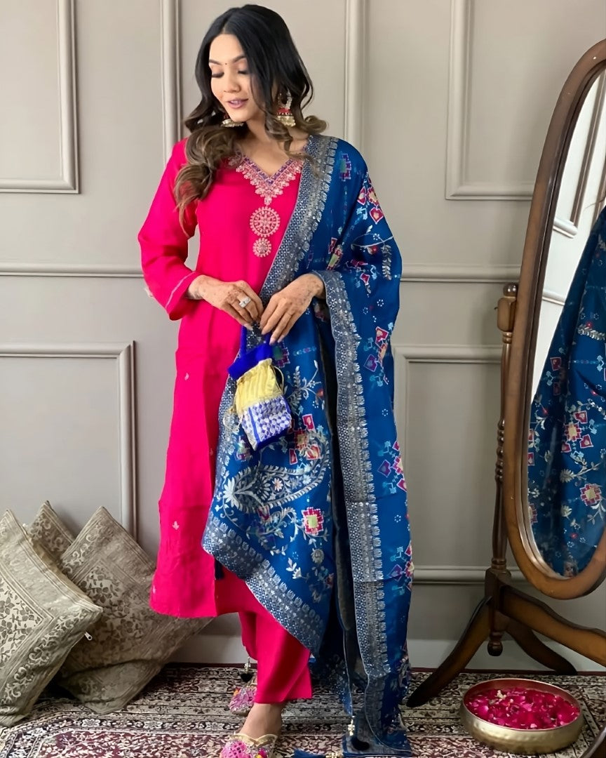 Women’s Viscose Chanderi Embroidered Straight Kurta Set with Jacquard Dupatta