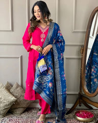 Women’s Viscose Chanderi Embroidered Straight Kurta Set with Jacquard Dupatta