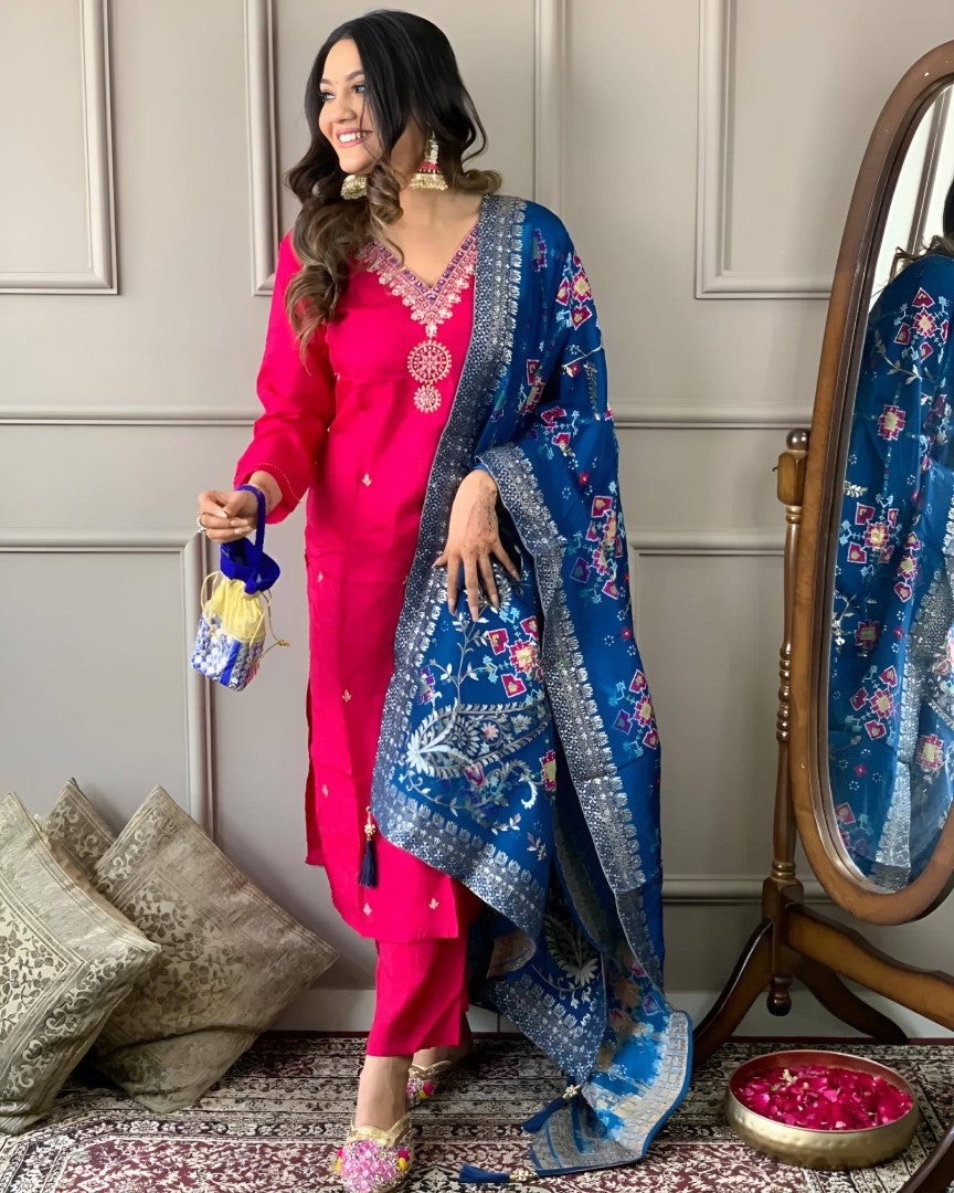 Women’s Viscose Chanderi Embroidered Straight Kurta Set with Jacquard Dupatta
