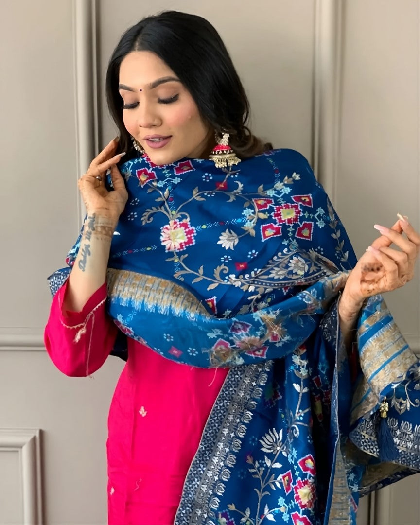 Women’s Viscose Chanderi Embroidered Straight Kurta Set with Jacquard Dupatta