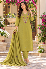 Women’s Mal Chanderi 3 Piece Kurta Set with Pure Handwork & Flock Work