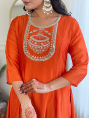 Women's Orange Vichitra Silk Embroidered Straight Kurta with Rayon Pant And Vichitra Silk Embroidered Dupatta Sets