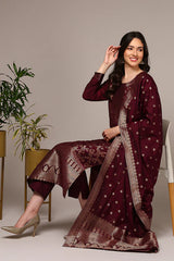 Maroon Poly Chanderi Woven Design Straight Suit Set