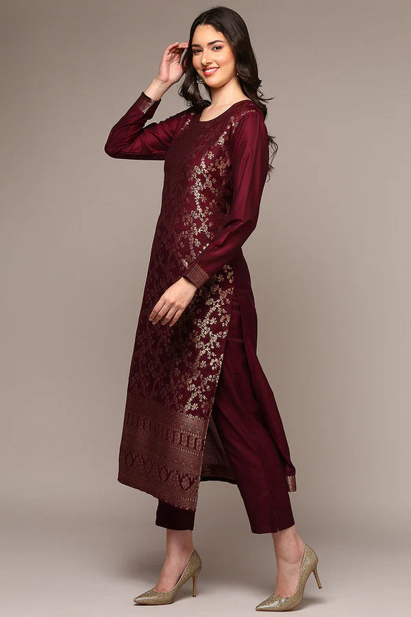 Maroon Poly Chanderi Woven Design Straight Suit Set