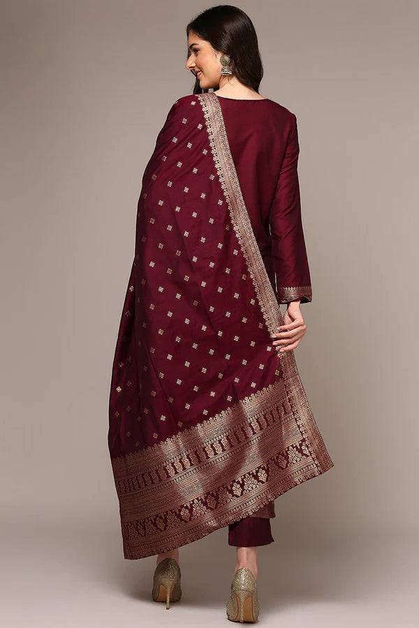 Maroon Poly Chanderi Woven Design Straight Suit Set