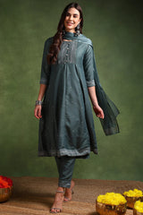 Teal Poly Silk Anarkali Kurta Pant With Dupatta