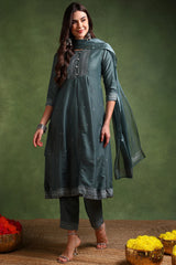 Teal Poly Silk Anarkali Kurta Pant With Dupatta