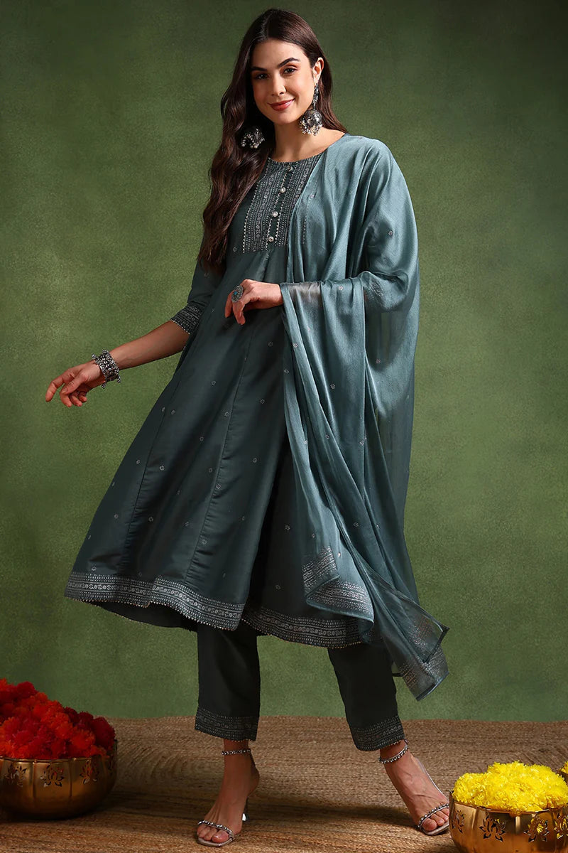 Teal Poly Silk Anarkali Kurta Pant With Dupatta