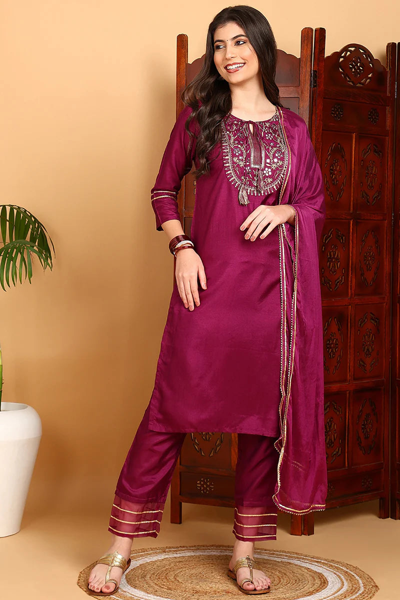 Silk Blend Purple Embroidered Straight Kurta Pant With Dupatta