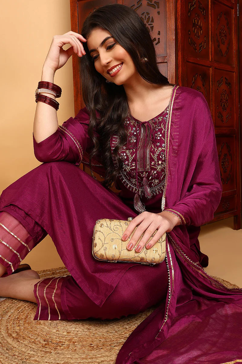 Silk Blend Purple Embroidered Straight Kurta Pant With Dupatta