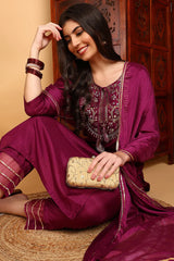 Silk Blend Purple Embroidered Straight Kurta Pant With Dupatta