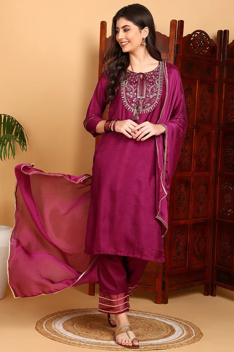 Silk Blend Purple Embroidered Straight Kurta Pant With Dupatta