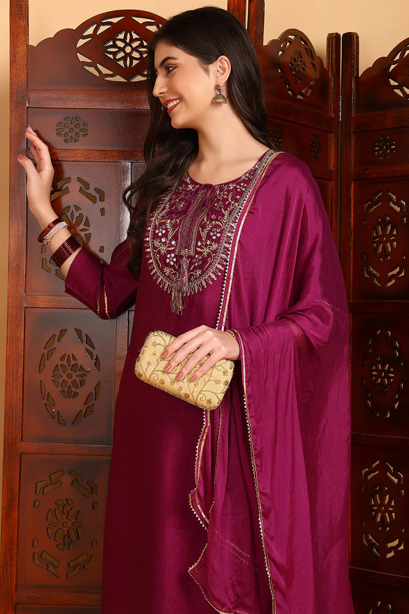 Silk Blend Purple Embroidered Straight Kurta Pant With Dupatta