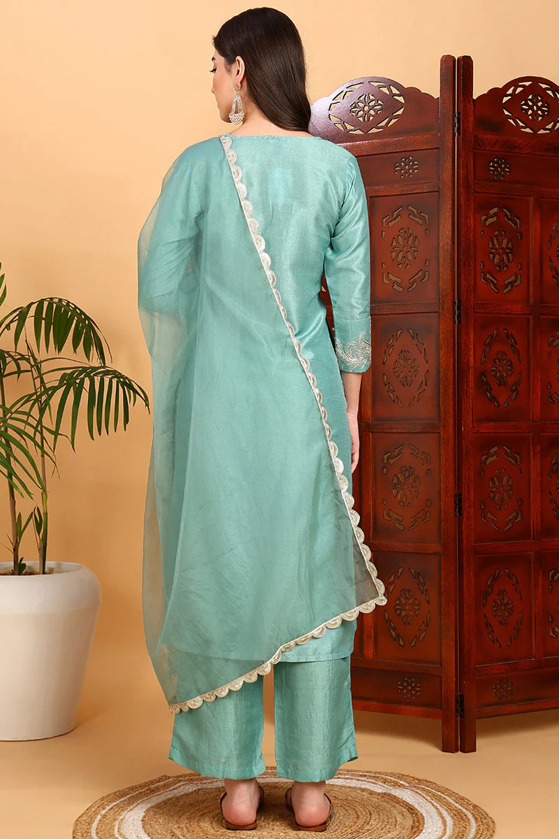 Sea Green Silk Blend Embroidered Straight Suit Set