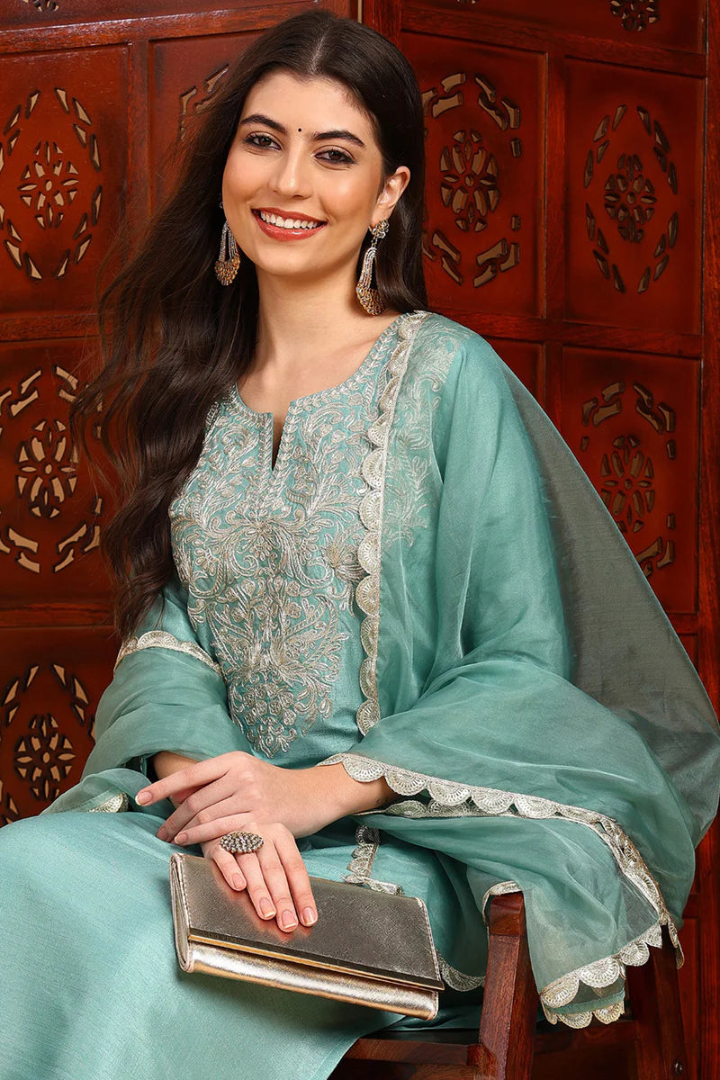 Sea Green Silk Blend Embroidered Straight Suit Set