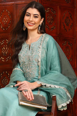 Sea Green Silk Blend Embroidered Straight Suit Set