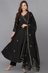 Black Silk Blend Ethnic Motifs Straight Suit Set