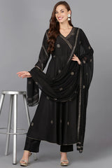 Black Silk Blend Ethnic Motifs Straight Suit Set