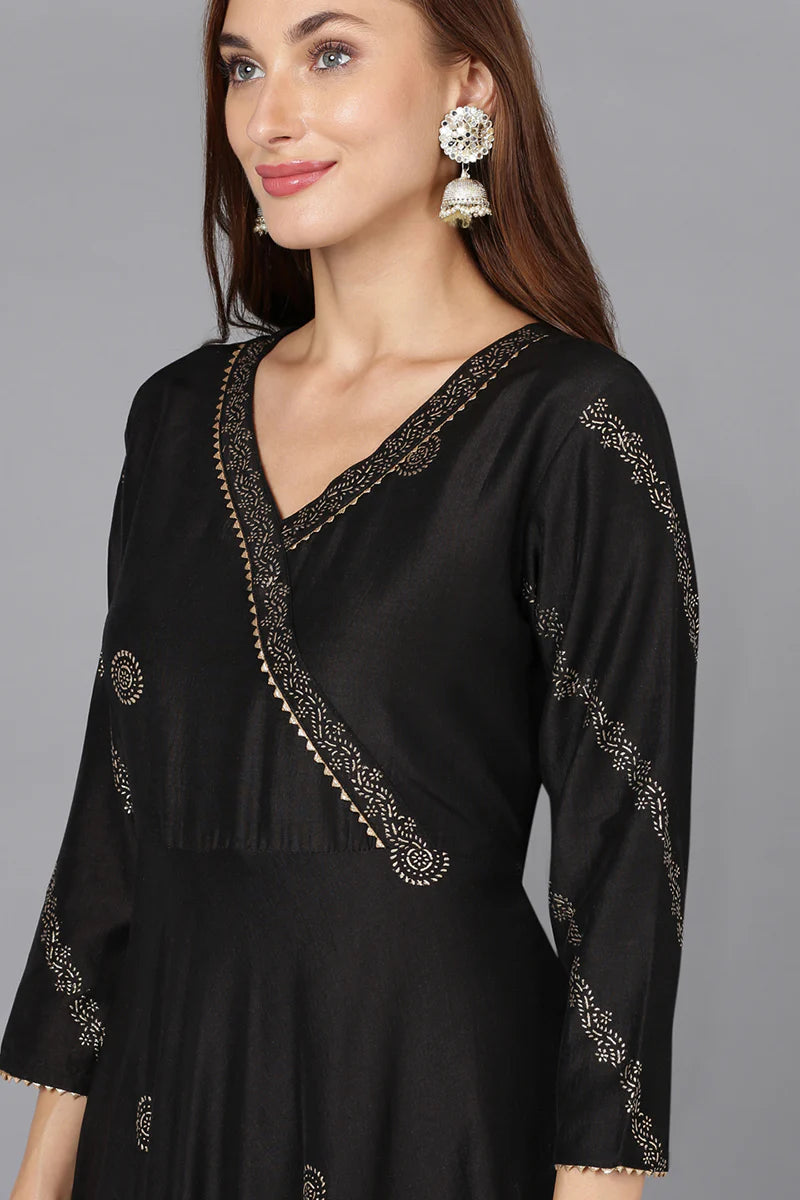 Black Silk Blend Ethnic Motifs Straight Suit Set