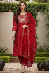 Maroon Silk Blend Yoke Design Kurta Trouser With Dupatta