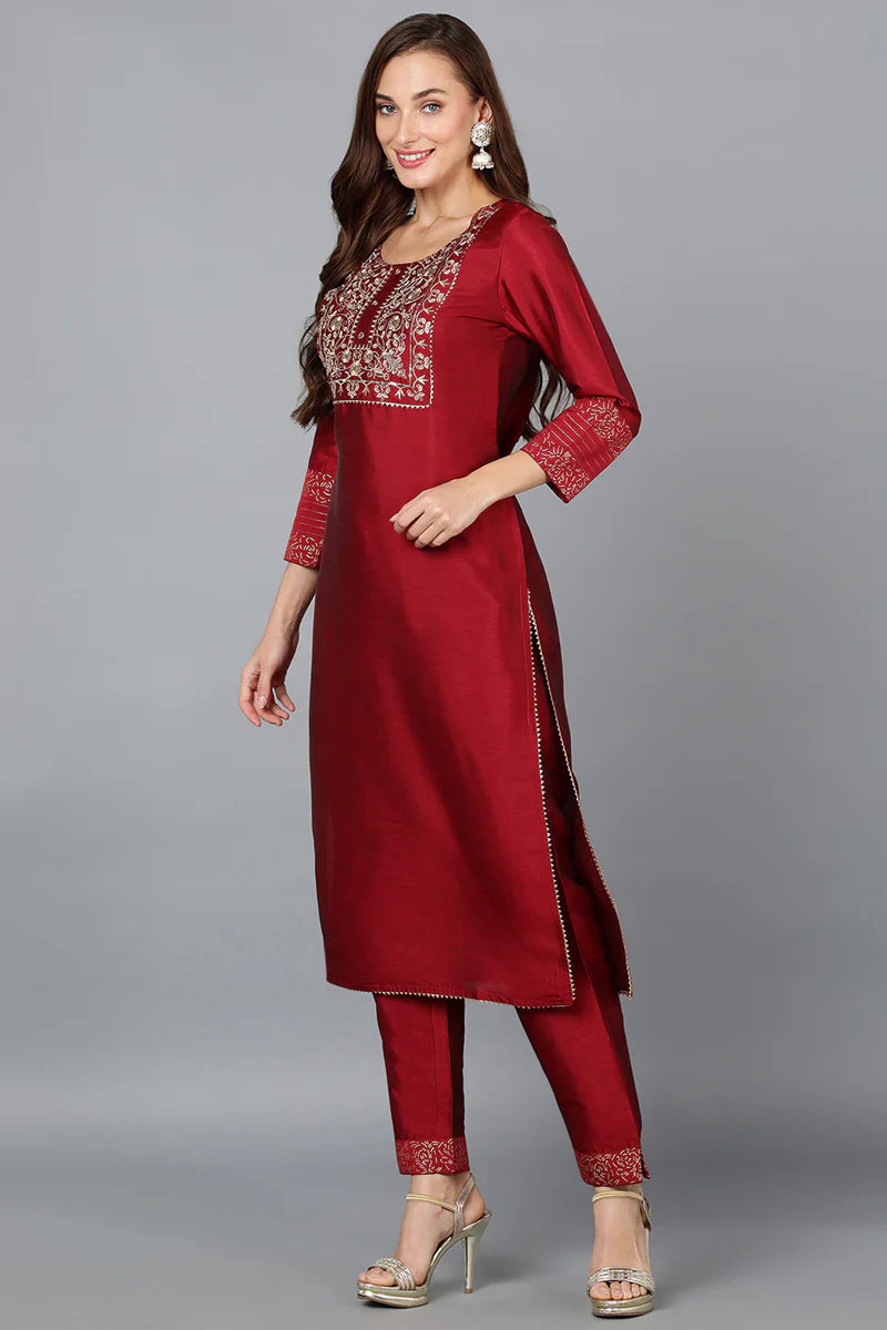 Maroon Silk Blend Yoke Design Kurta Trouser With Dupatta