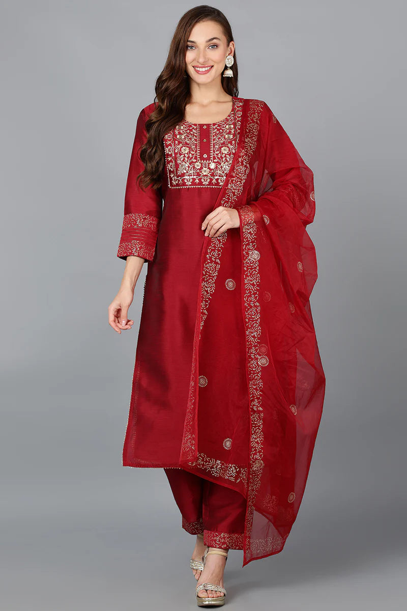 Maroon Silk Blend Yoke Design Kurta Trouser With Dupatta