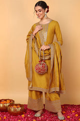 Mustard Yellow Silk Blend Solid Embroidered Straight Suit Set