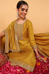 Mustard Yellow Silk Blend Solid Embroidered Straight Suit Set