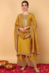 Mustard Yellow Silk Blend Solid Embroidered Straight Suit Set