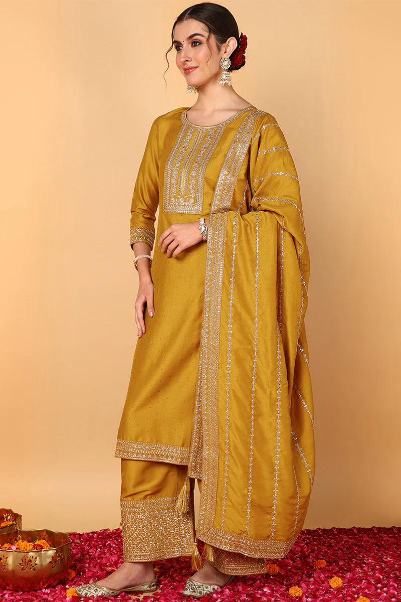 Mustard Yellow Silk Blend Solid Embroidered Straight Suit Set