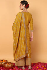 Mustard Yellow Silk Blend Solid Embroidered Straight Suit Set