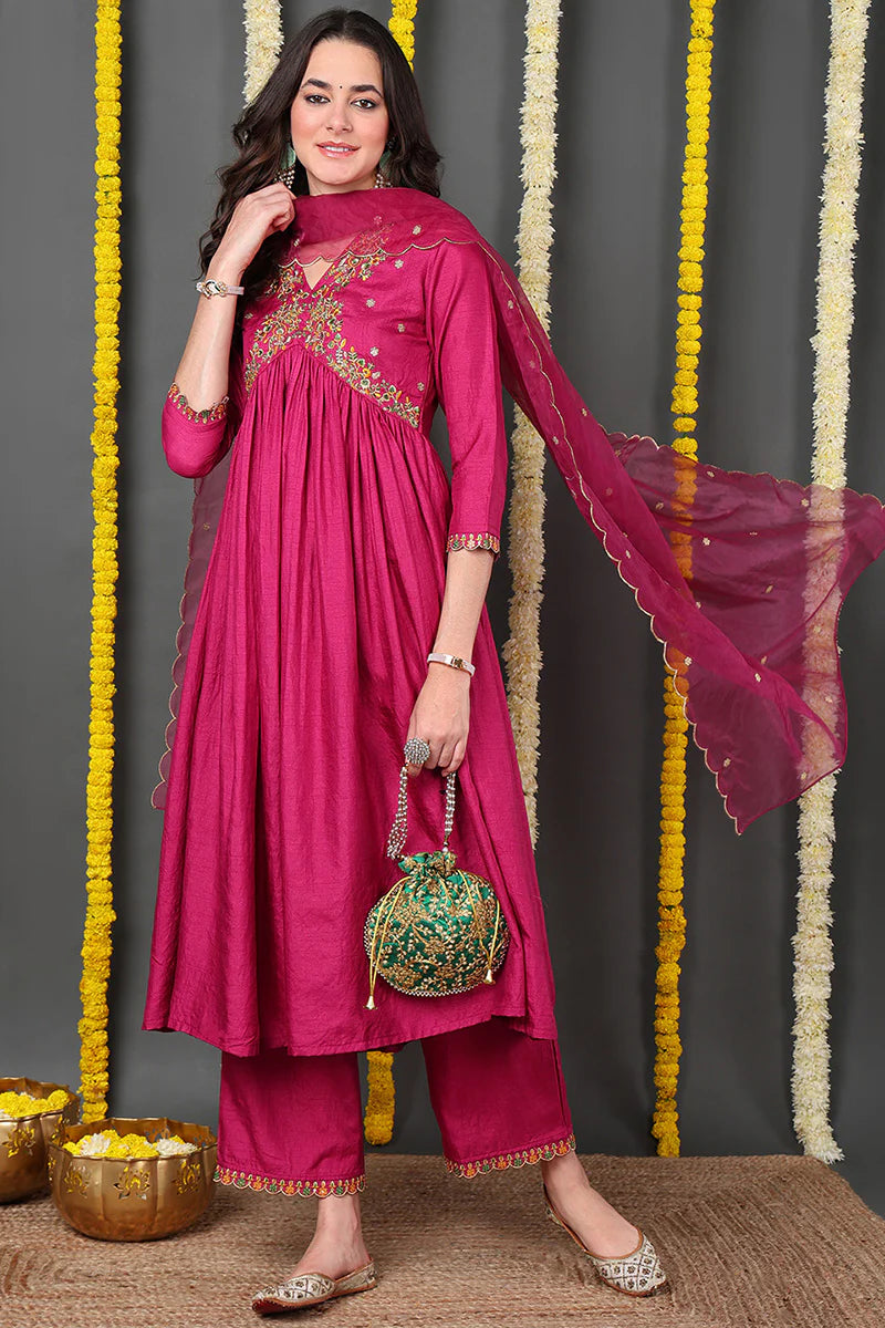 Pink Silk Blend Solid Embroidered Flared Suit Set